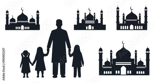 Silhouette of a Muslim family holding hands with mosques in the background.