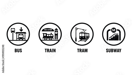 Public transportation system icons vector set representing various travel methods and transit types
