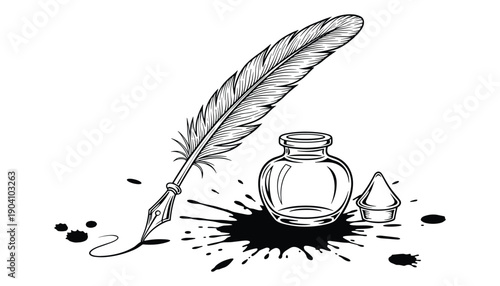 Quill ink feather pen vintage paper and inkwell fountain writer calligraphy drawing