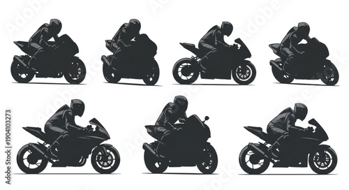 Silhouette of a motorcycle rider in action poses.