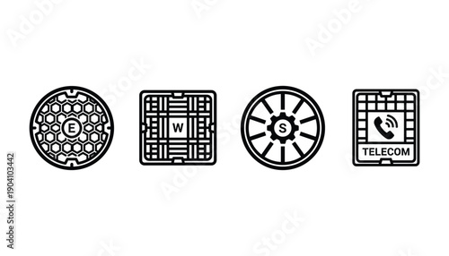 Selection of manhole cover icon vector design in round and square shape for sewage and utility