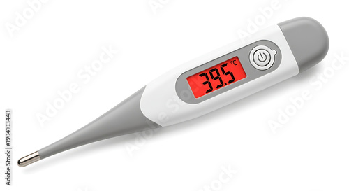 A modern digital medical thermometer displays a high temperature of 39.5 degrees Celsius on its red screen against a white background.