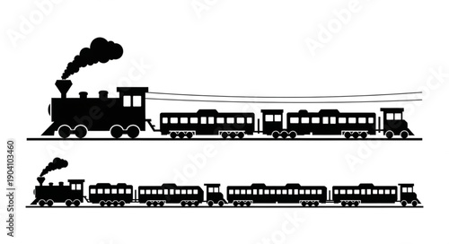 Silhouette of a steam train with multiple carriages moving.