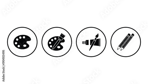 Set of artist palette painting supplies stationery tools and instruments icon concept design vector