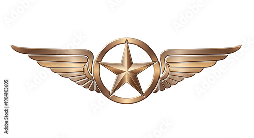 A detailed bronze emblem depicting a star within a circle flanked by two outstretched wings, representing an aviator or pilot's badge.