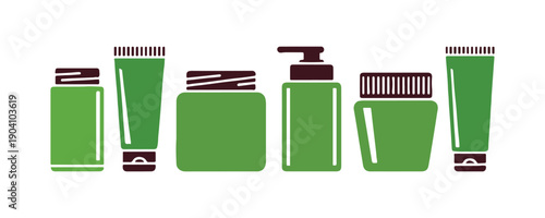 collection of multicolored cosmetic plastic bottle icons meant for packaging design. It's a vector illustration that stands alone on a background, tailored for the beauty sector and product labeling.