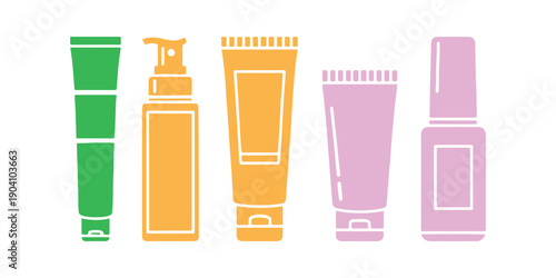 Set of cosmetic plastic bottle icons for packaging design. Vector stock illustration, isolated on a background for the beauty industry, product label pack.

