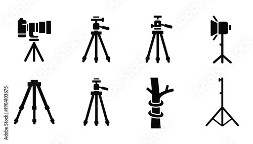 Set of eight black tripod icons for cameras or video recorders isolated on transparent background