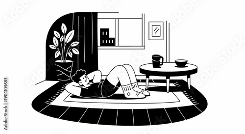 Woman Lying on Floor in Black Illustration.