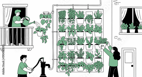Vertical Farming System with People Tending Plants.