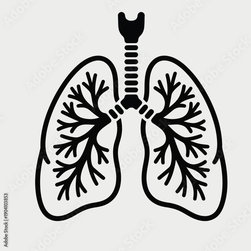 Stylized black and white illustration of human lungs with trachea and bronchial tree.