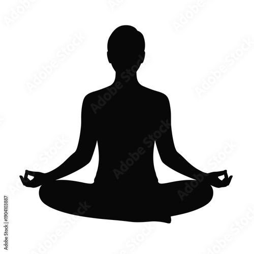Black silhouette of a person meditating in a lotus yoga pose, symbolizing peace and mindfulness.