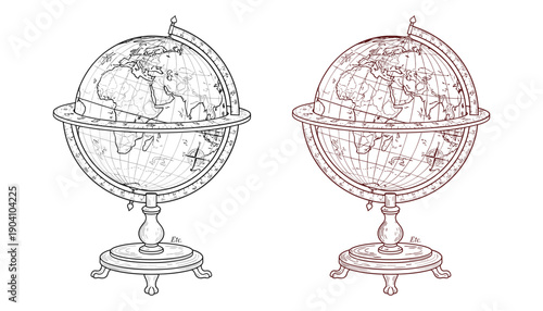 Two vintage globes geography and history world sphere continents antique map drawing