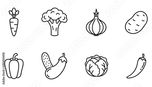 Vegetables set for vegetarian food and healthy eating in line drawing vector
