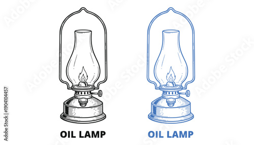 Vintage kerosene oil lamp with flame black blue fuel light camping lantern antique equipment vector isolated
