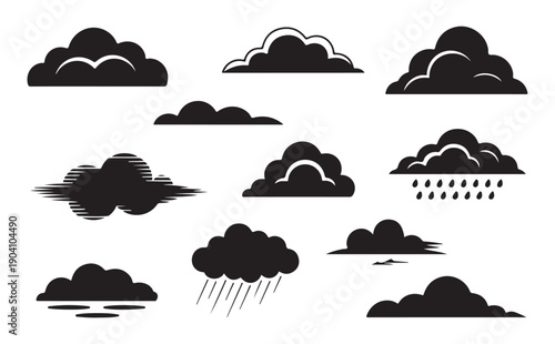 Various black cloud icons set, including rain clouds, windy clouds, and regular clouds on white background