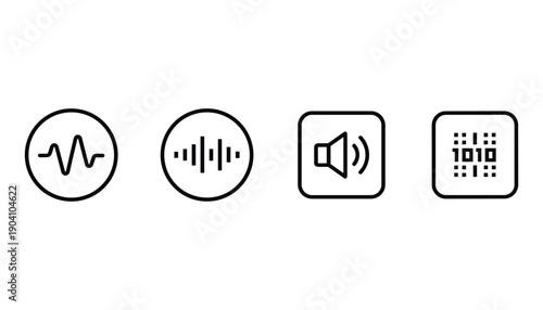 Wave audio sound and digital icons depicting signal processing representation and transmission