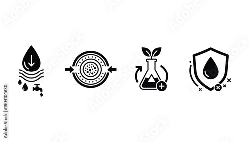 Water filtration icon set water drop filtration processing test tube and water protection vector design