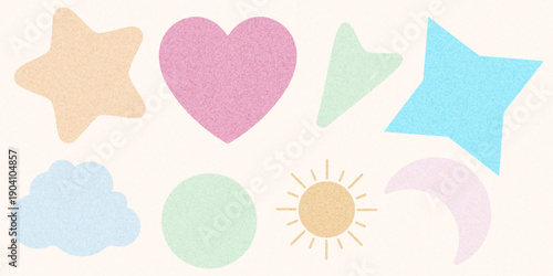 Grain gradient shapes. Dots geometric figures set. Y2k retro star and triangle with flower. Colorful butterfly, crown on beige background. Trendy effect with stippling texture. Vector illustration.