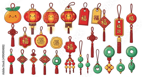 A vibrant collection of traditional Chinese New Year decorations, including lanterns, lucky charms, knots, and jade pendants, symbolizing prosperity and good fortune.