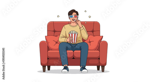 Young Adult Watching Movie in Theater with 3D Glasses and Popcorn – Flat Vector Lifestyle Illustration