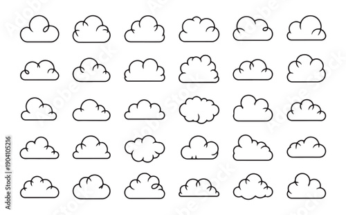 Decorative cloud line art collection with various fluffy shapes for sketching and weather app development