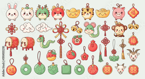 A collection of cute cartoon Chinese New Year and Lunar New Year charms, featuring zodiac animals, lucky knots, gold ingots, and traditional decorations.