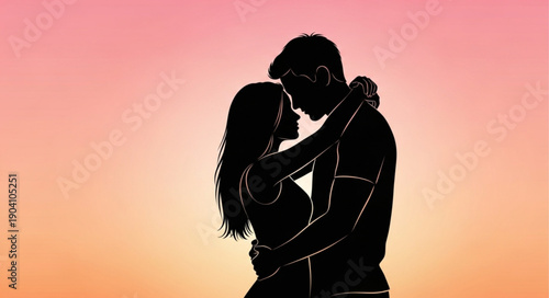 Silhouette of a loving couple embracing during sunset.