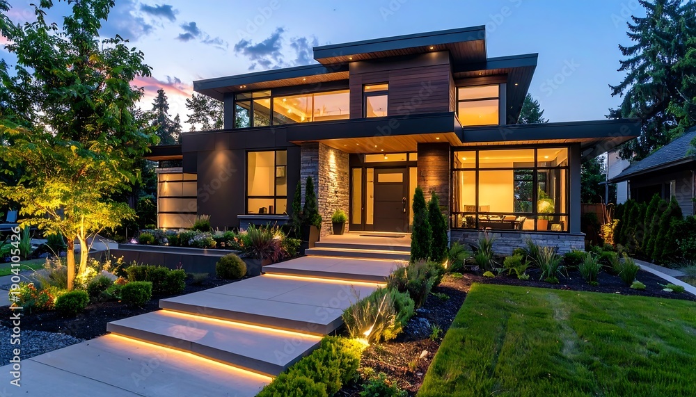 Obraz premium Modern Luxury Home Exterior at Dusk with Illuminated Pathway.