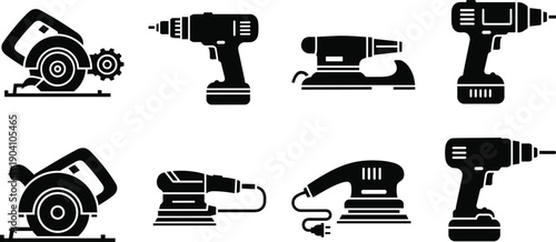 Power tools icon set illustration, electric drill sander circular saw equipment, construction workshop machinery symbols, black silhouette vector collection