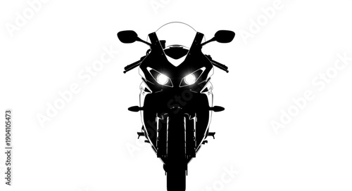 Silhouette of a modern sport motorcycle with illuminated headlights.
