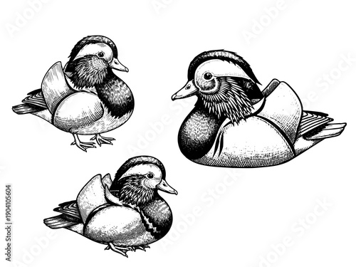 Mandarin duck engraving illustration for Lunar New Year harmony branding