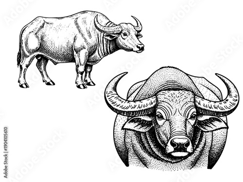 Chinese water buffalo engraving illustration for Lunar New Year perseverance branding