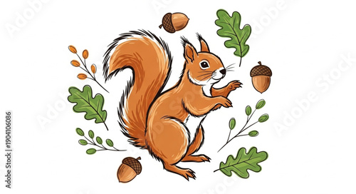 Cute squirrel with acorns and oak leaves illustration.