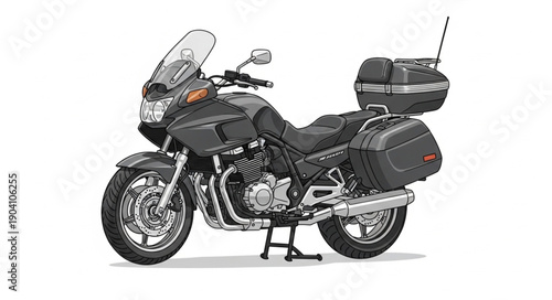 Dark Gray Touring Motorcycle with Luggage and Windshield.
