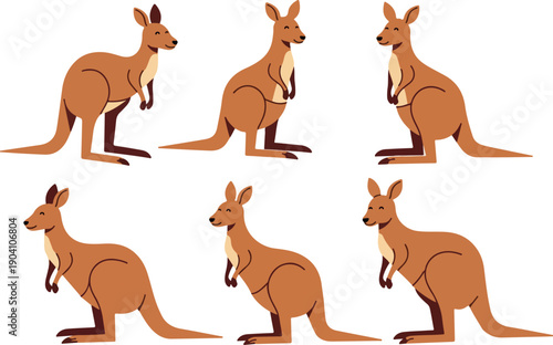 Six Brown Kangaroos Minimalist Flat Design Isolated Vector Illustration