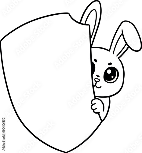 Cute Cartoon Rabbit Peeking from Behind a Blank Shield on White Background