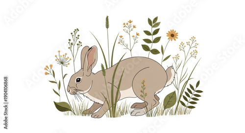Cute Rabbit Illustration in a Field of Wildflowers.