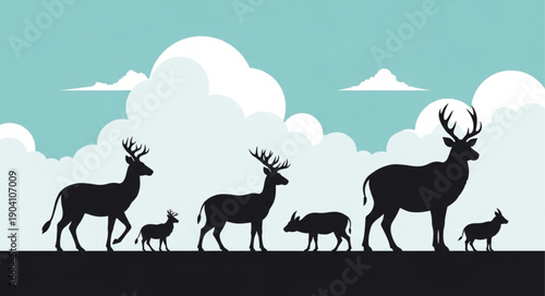 Silhouette of a deer family and a wild boar family walking.