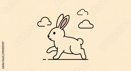 A cute rabbit runs quickly across a sunny meadow with fluffy clouds in a simple line drawing style