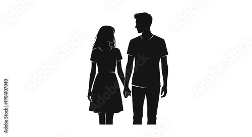 Silhouette of a couple holding hands and looking at each other.
