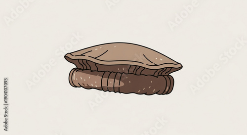 A brown mushroom with a wide cap and short stem isolated on a beige background illustrated in a cartoon style with visible texture and shading