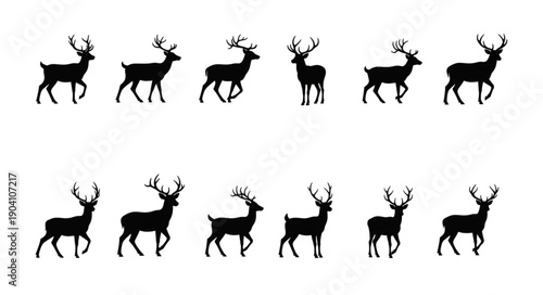 Silhouette of a herd of deer in various poses.