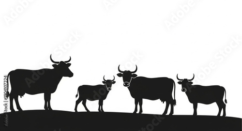 Silhouette of a herd of cows standing on a hill.