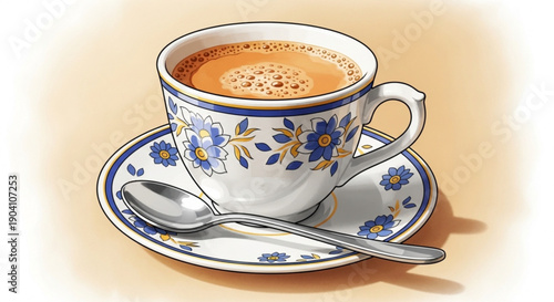 Elegant floral coffee cup and saucer with spoon on beige background soft lighting warm atmosphere delicate blue flowers