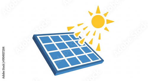 Solar panel with sun rays generating renewable energy on a white background