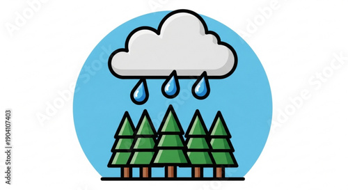 Rainy weather with cloud and raindrops over pine trees in a blue circle on white background
