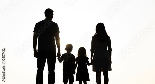 Silhouette of a family with two children holding hands.