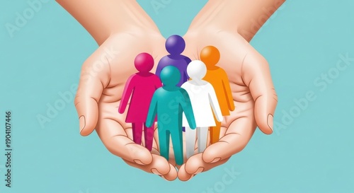 Protective hands cradling diverse group of people figurines symbolizing care and support for community and social unity togetherness.