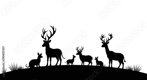 Silhouette of a deer family with small mice on a hill.